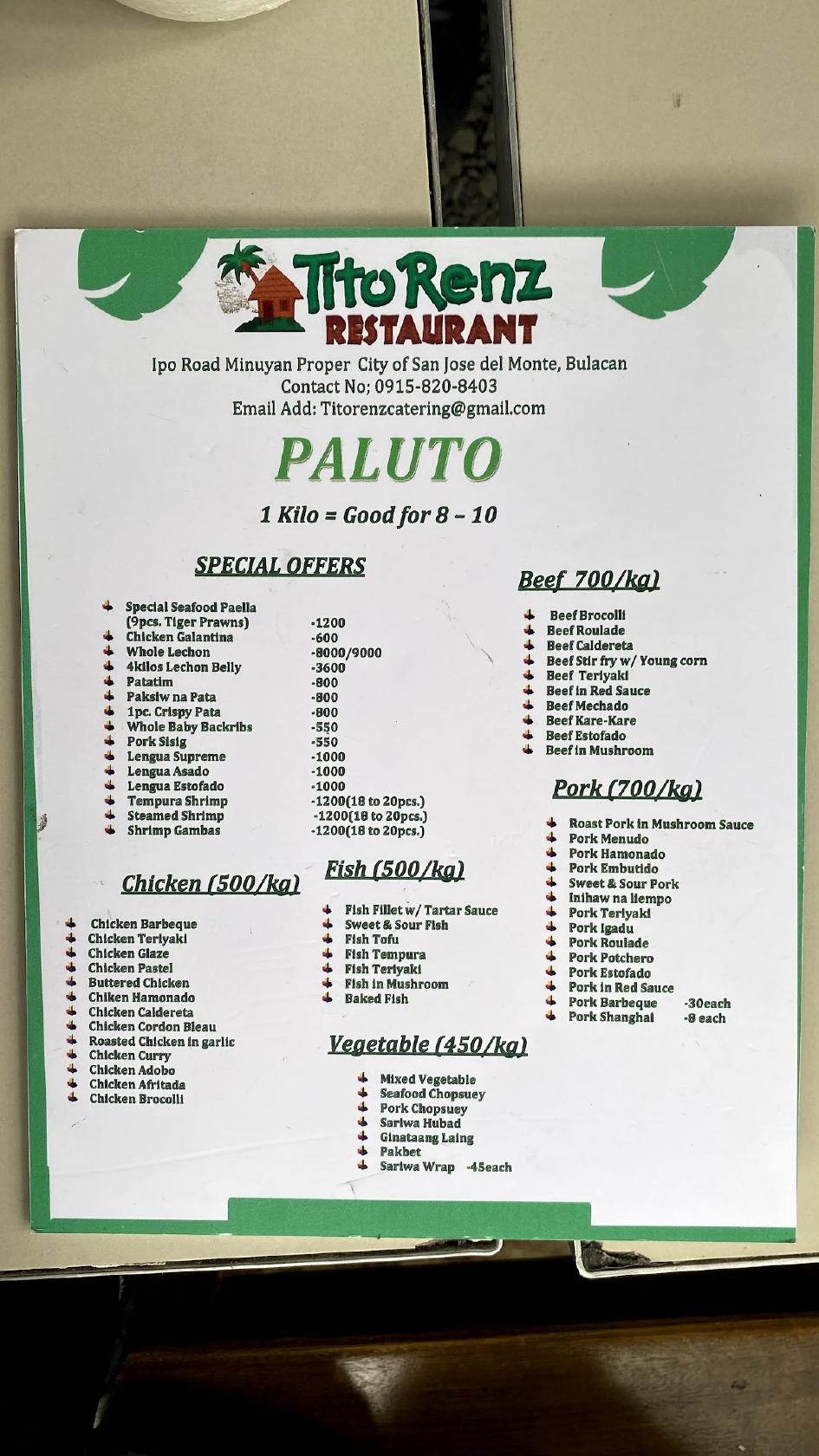Menu at Tito Renz Restaurant, San Jose del Monte City