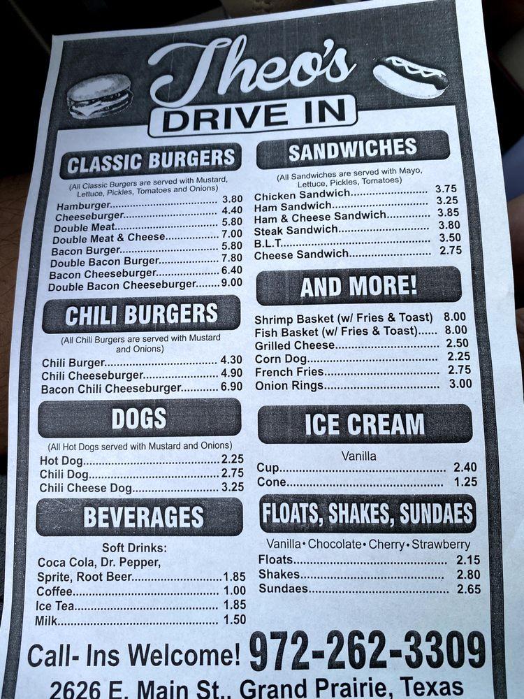 Menu at Theo's DriveIn fast food, Grand Prairie