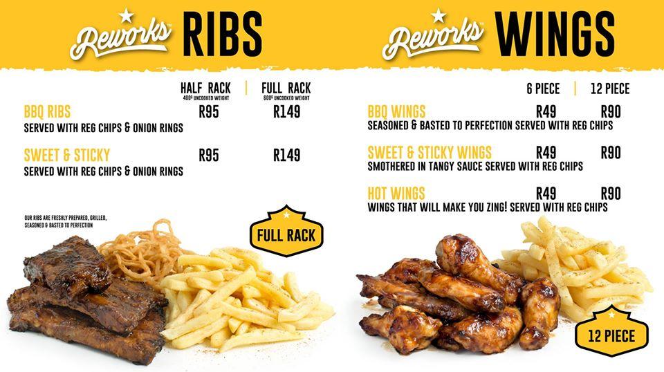 Menu at Reworks Ribs and Burgers restaurant, Cape Town, Zevenwacht Mall