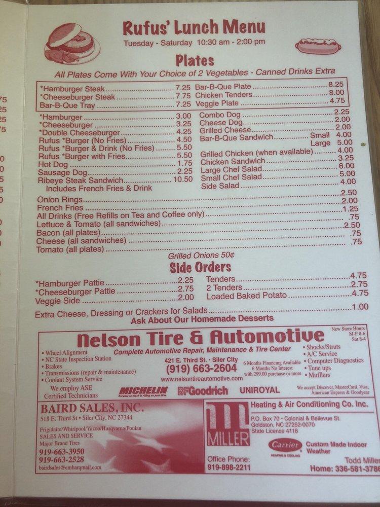 Menu at Rufus' Restaurant, Goldston