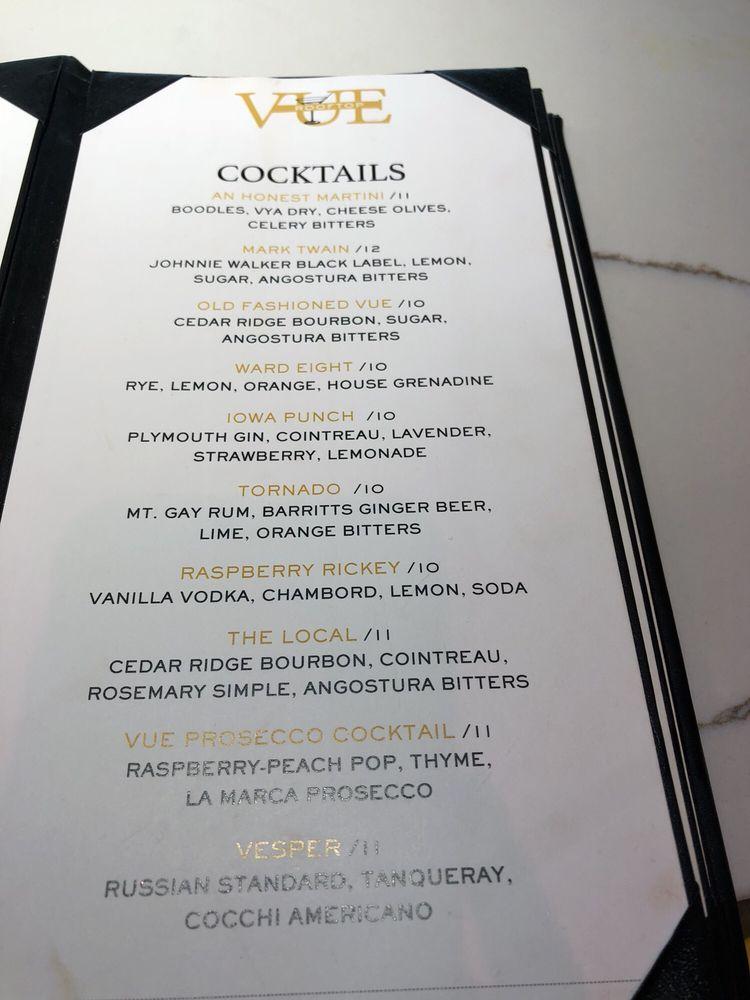 Menu at Vue Rooftop pub & bar, Iowa City