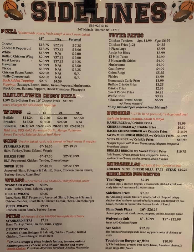 Menu at Sidelines pizzeria, Bolivar