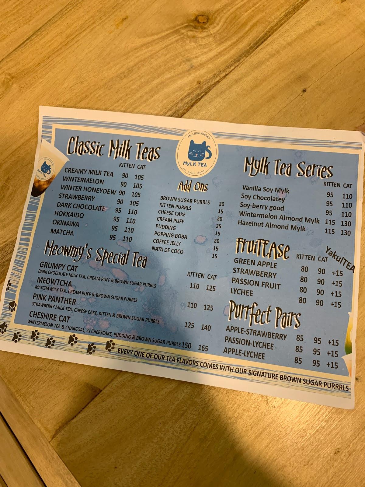 Menu at MyLK Tea cafe, Baguio