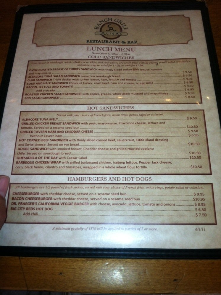 Menu at Alisal Ranch Grill restaurant, Solvang