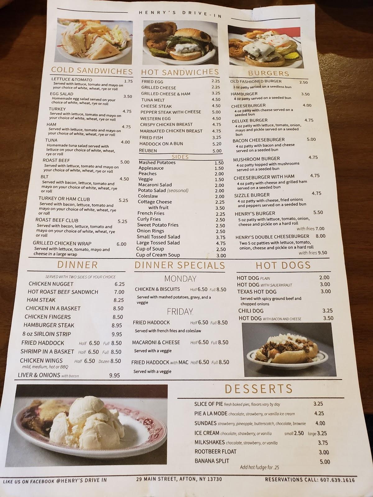 Menu at Henry's Drive In restaurant, Afton