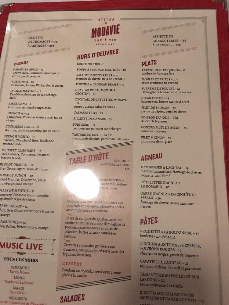 Menu at Modavie restaurant, Montréal, 1 SaintPaul St W