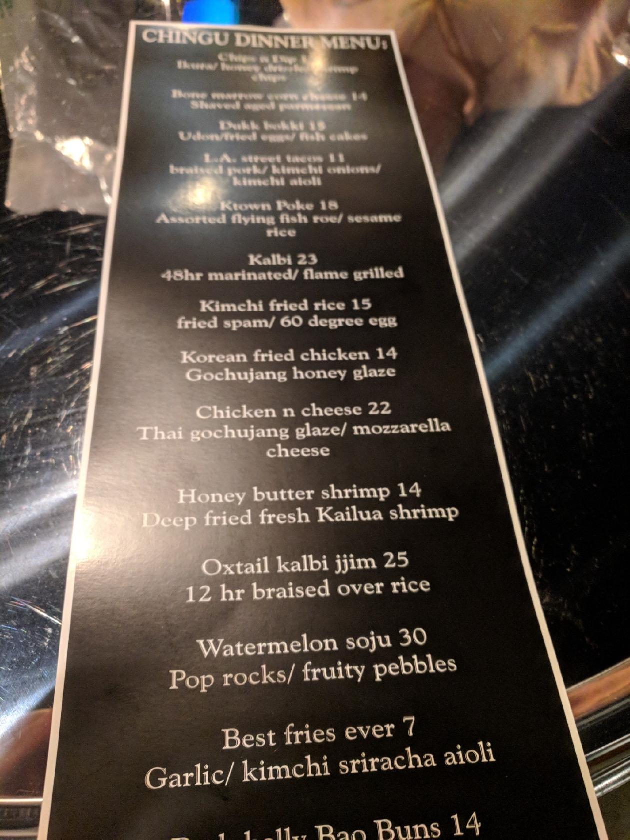 Menu at Chingu Hawaii pub & bar, Honolulu