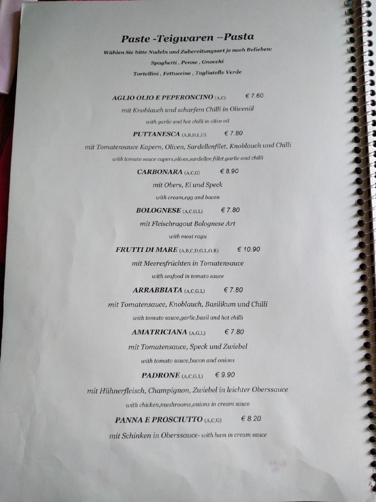 Carta de Ruffino Pizza Restaurant, Viena