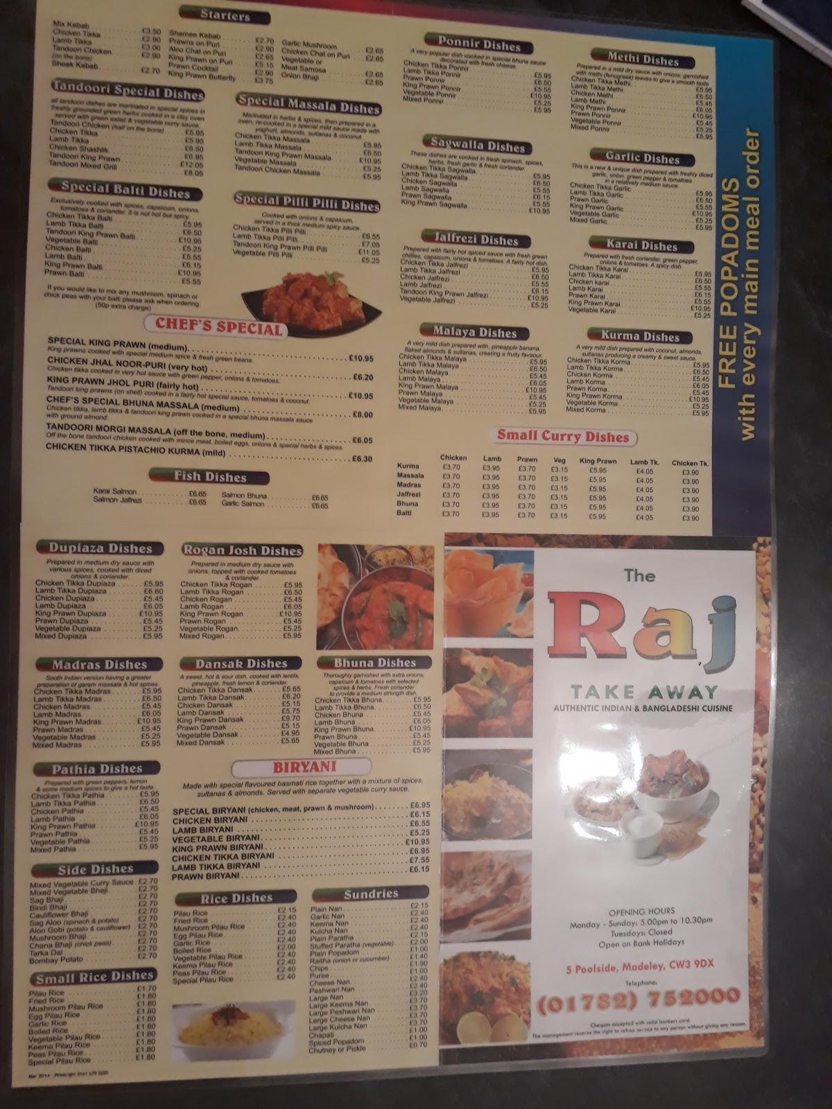 Menu at The Raj Takeaway Madeley fast food, England