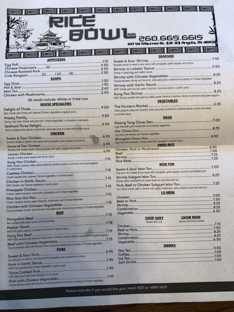 Menu at Rice Bowl Restaurant, Angola