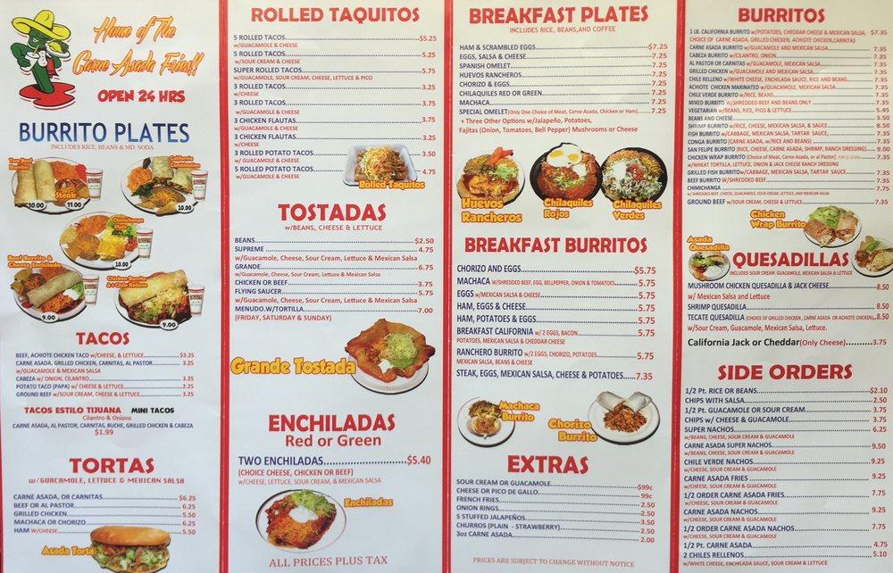 Menu at Castañeda's Mexican Food restaurant, Joshua Tree