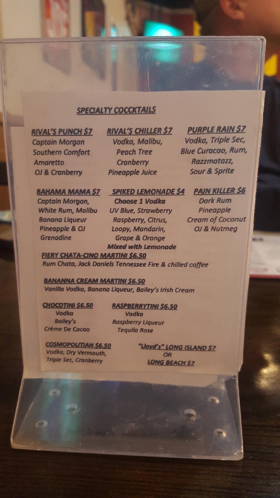 Menu at Rivals Taphouse & Grille pub & bar, Corunna