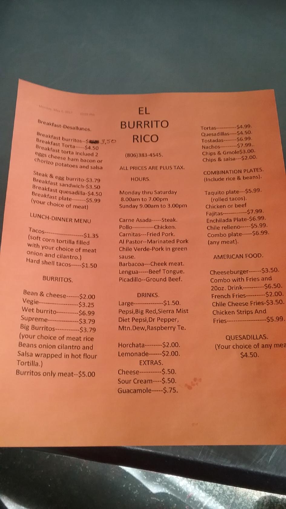 Menu at El Burrito Rico restaurant, Amarillo, River Rd