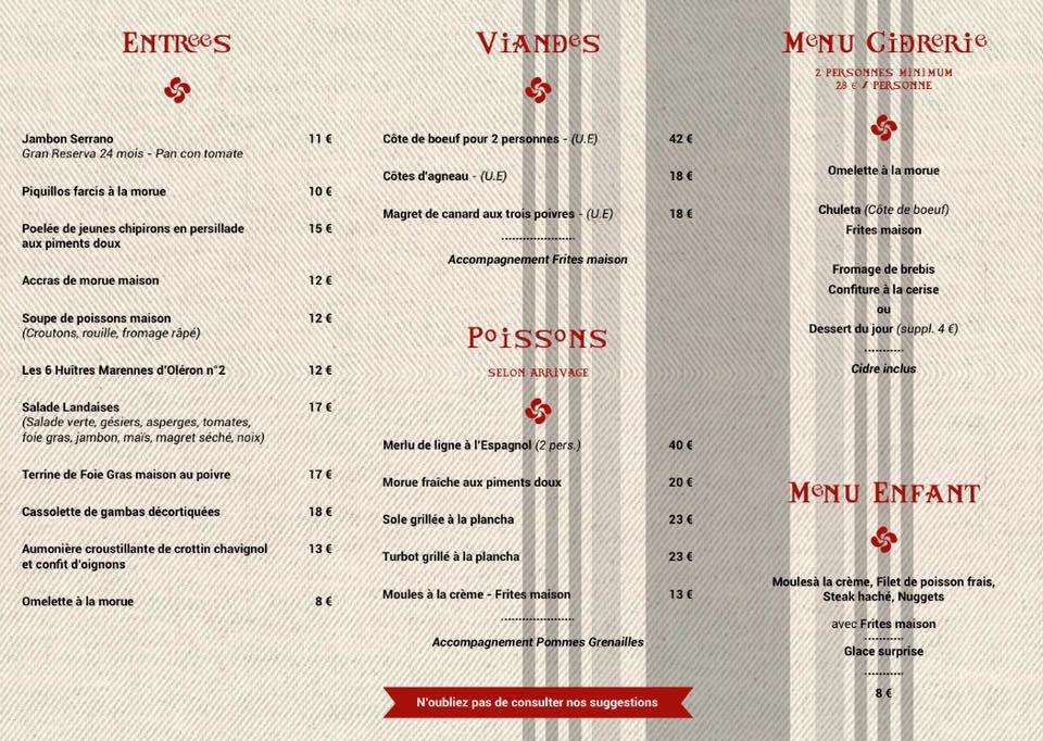 Menu au Restaurant Basque Poissons Ispeguy Ciboure, Ciboure