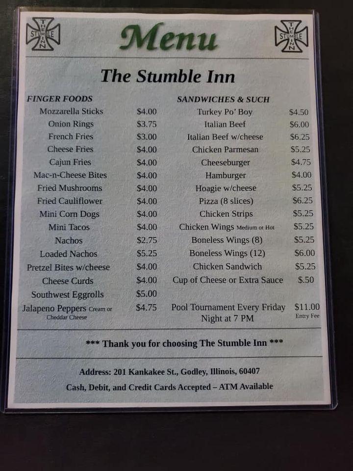 Menu at Stumble Inn Inc pub & bar, Godley