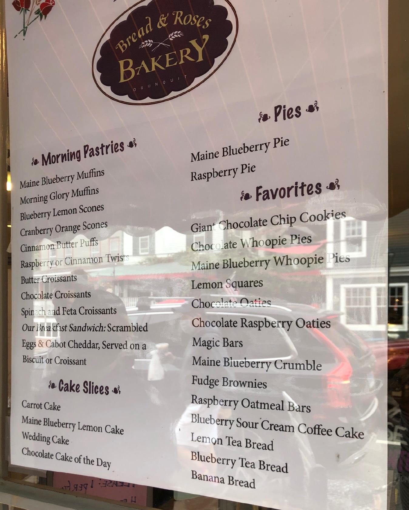 Menu at Bread & Roses Bakery, Ogunquit