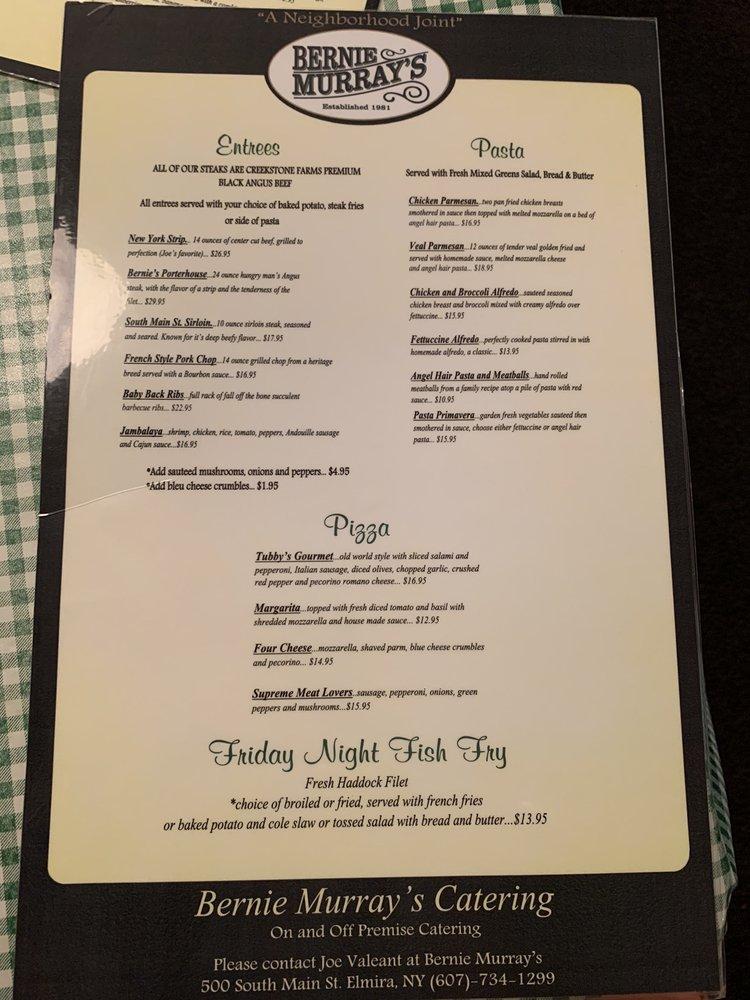 Menu at Bernie Murray's restaurant, Elmira