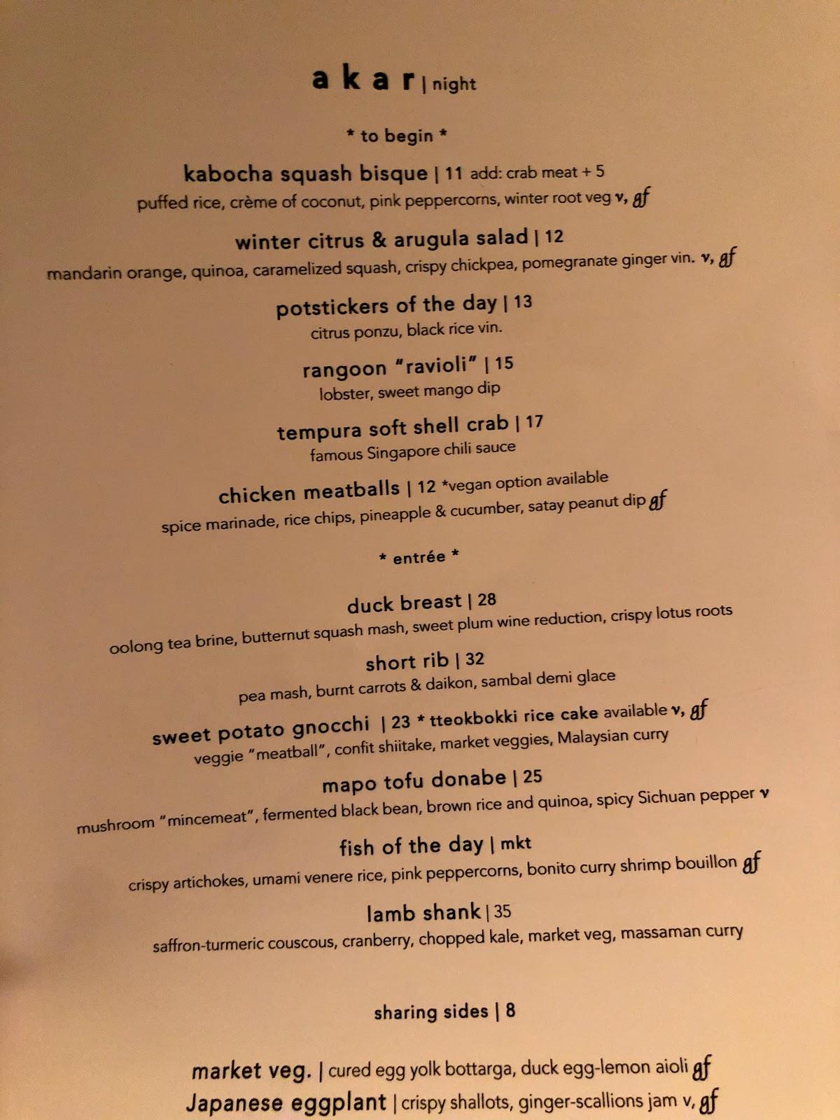 Menu at Akar restaurant, Clayton