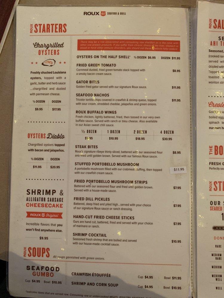 Menu at Roux 61 steakhouse, Natchez