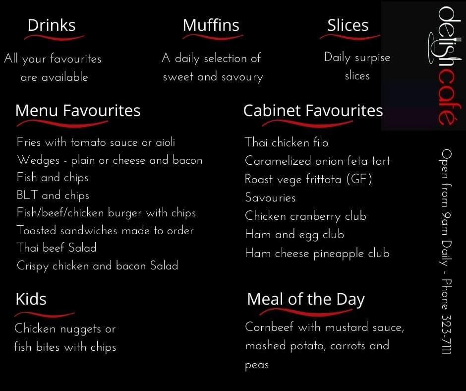 Menu at Delish Cafe, Feilding