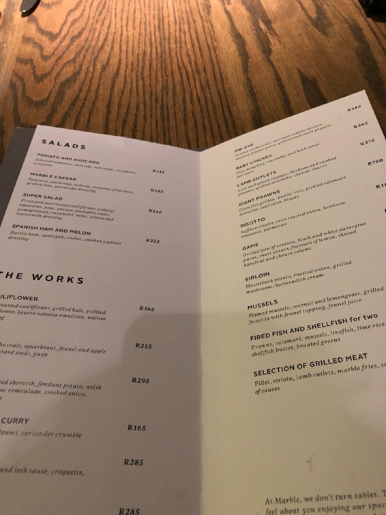 Speisekarte von Marble Restaurant, Johannesburg