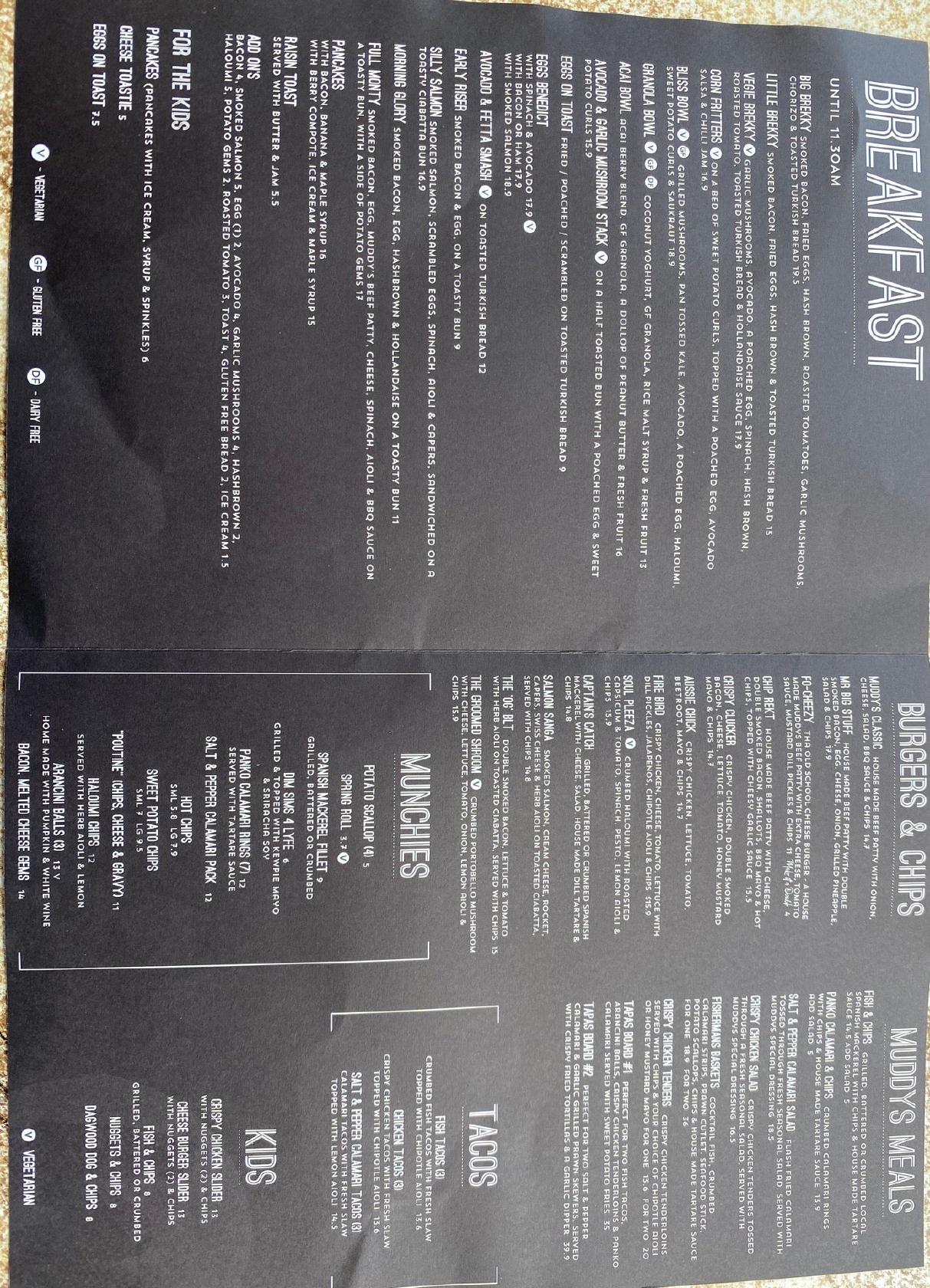 Menu at Muddy's Cafe, Cairns