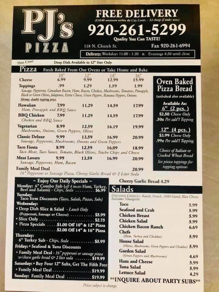 Menu at PJ's Pizza pizzeria, Watertown