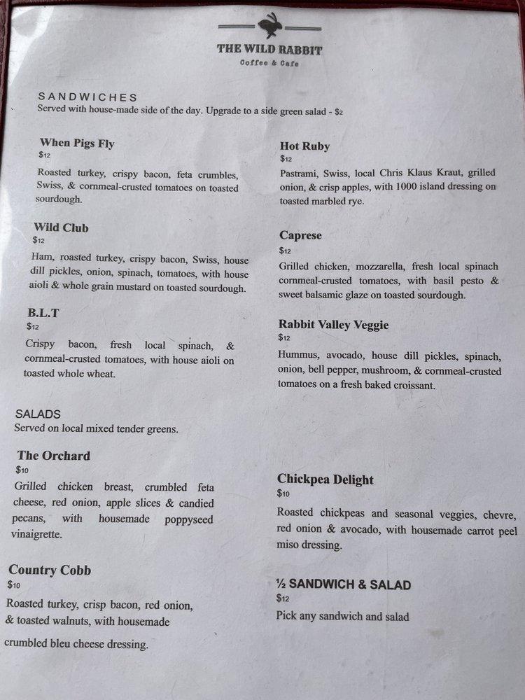Menu at The Wild Rabbit Cafe, Torrey