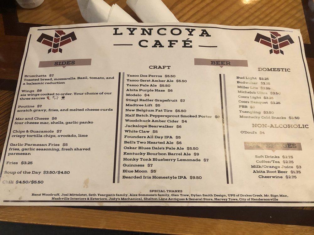 Menu at Lyncoya Cafe, Hendersonville