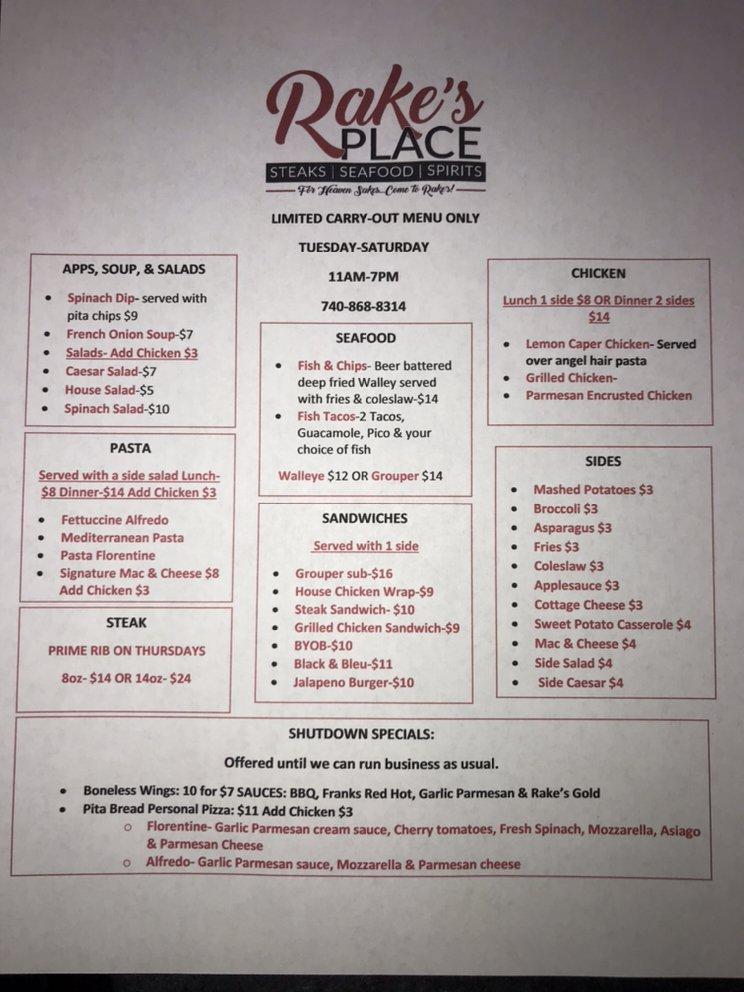Menu at Rake's Place steakhouse, Zanesville