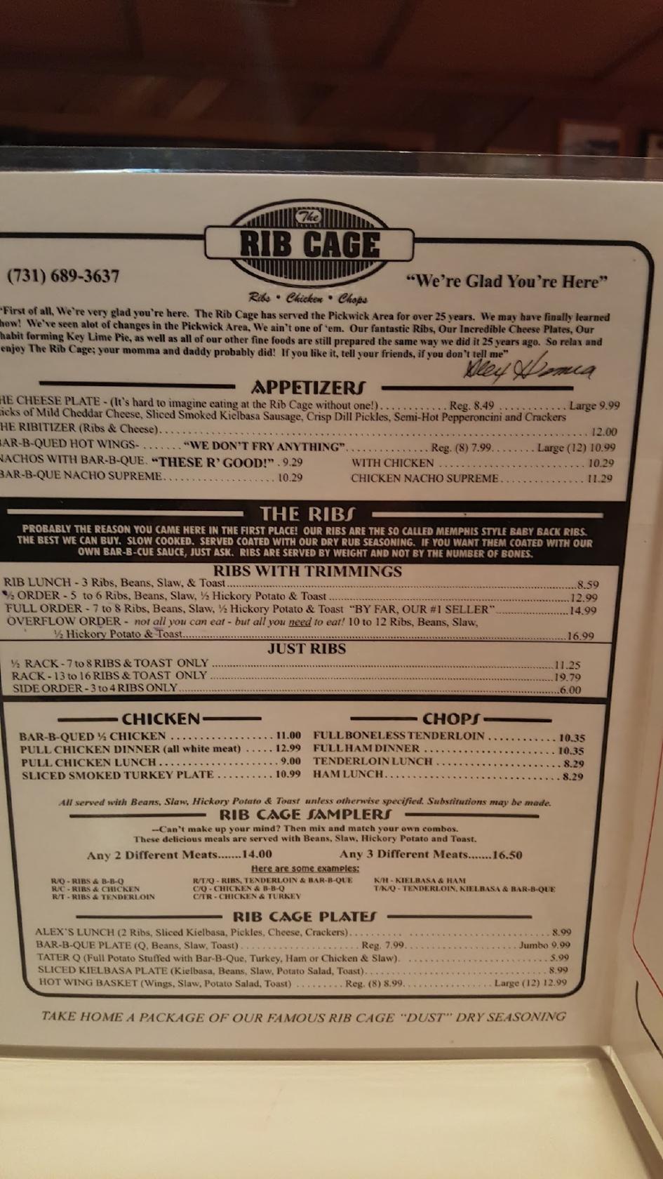 Menu at Rib Cage steakhouse, Counce, TN57