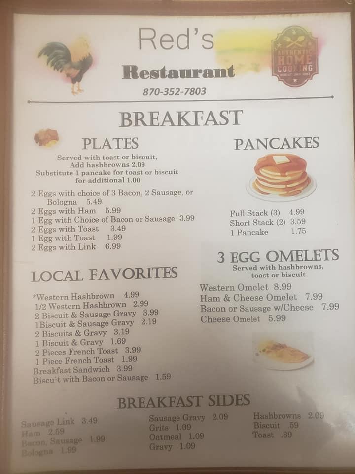 Menu at Red's Restaurant, Fordyce, US79