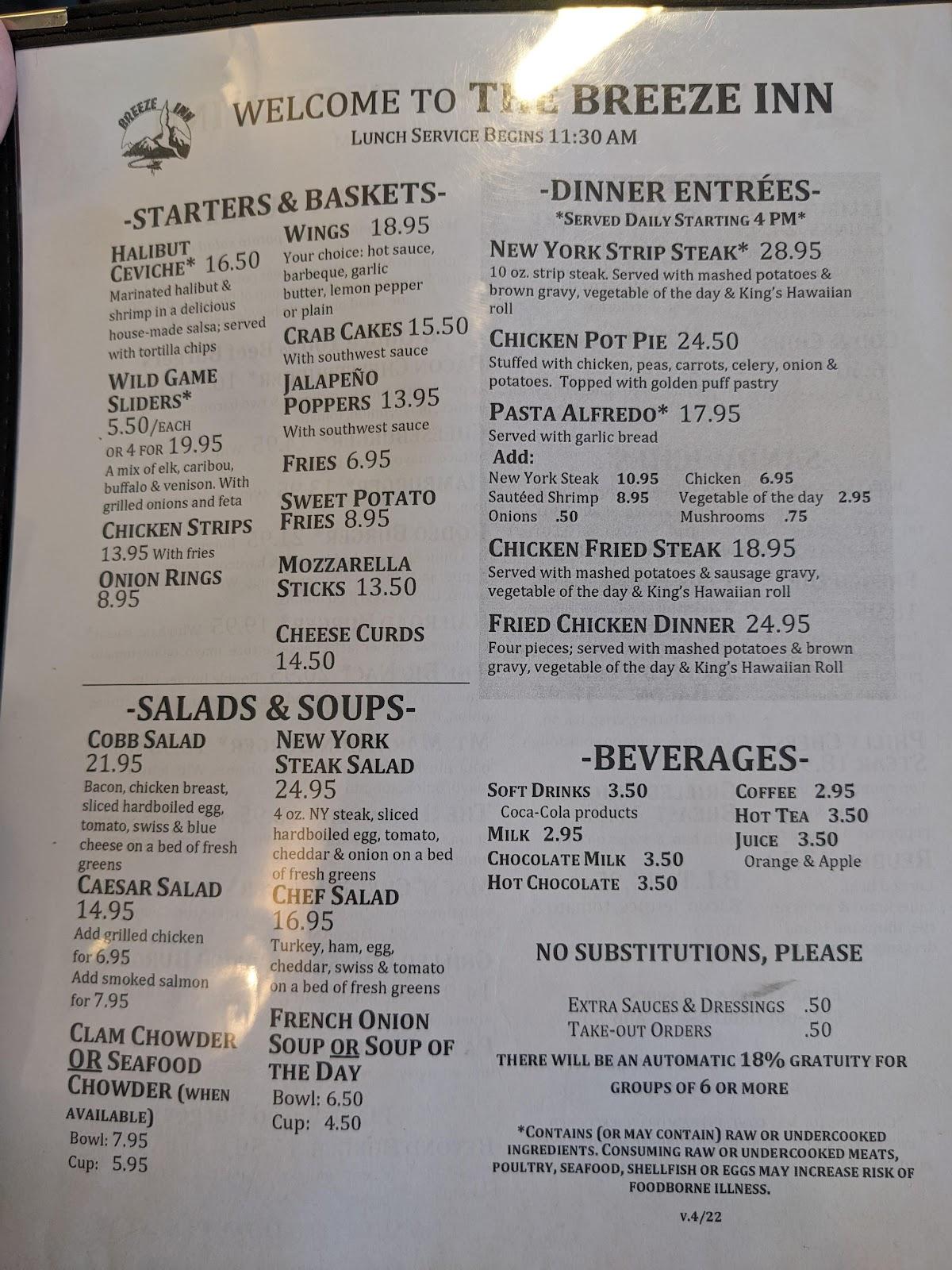 Menu at Breeze Inn Restaurant & Lounge, Seward