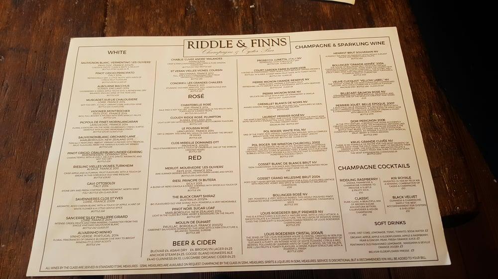 Menu at Riddle & Finns The Beach pub & bar, Brighton, 65 Kings Rd