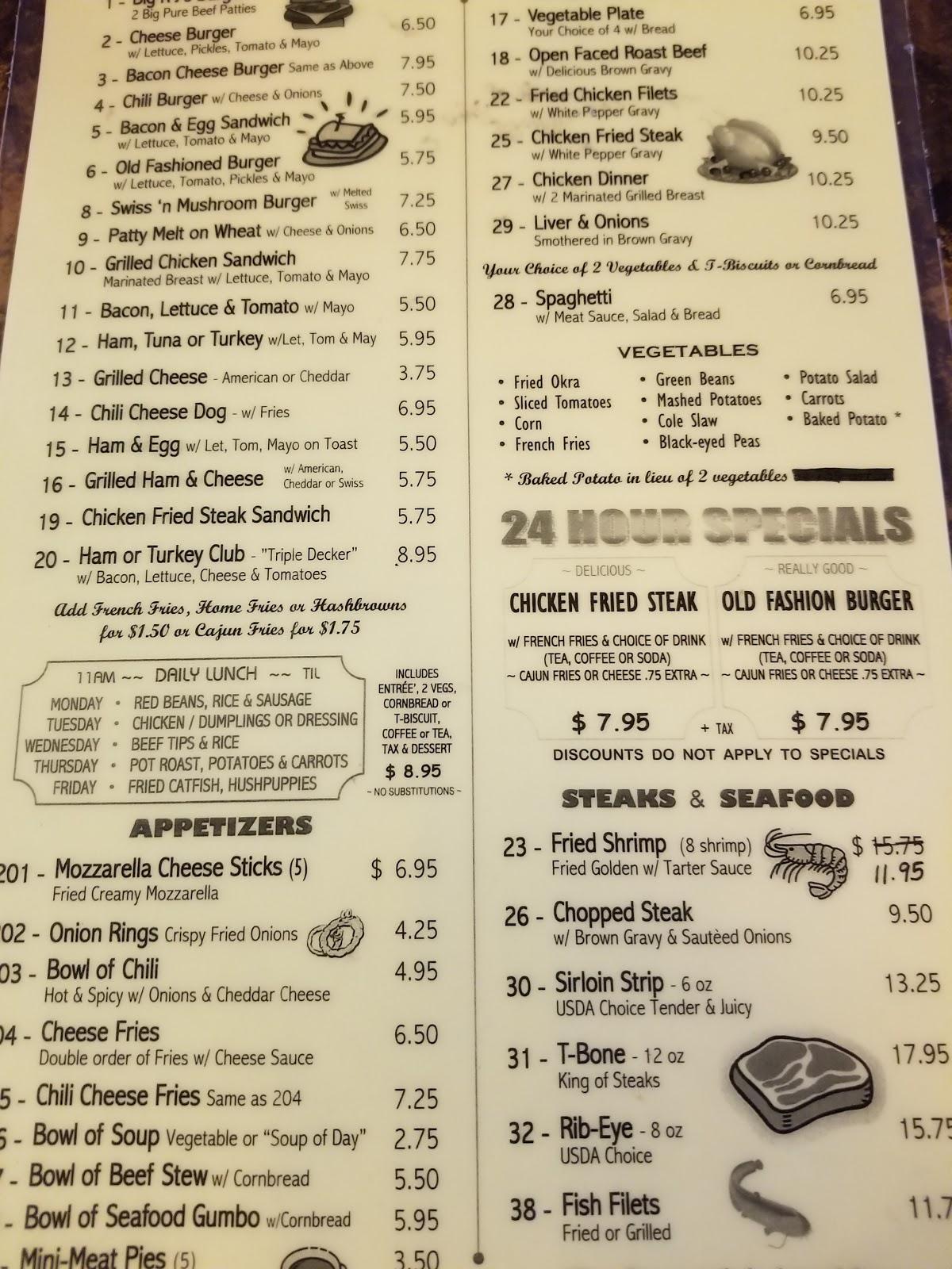 Menu at RJ's restaurant, Shreveport