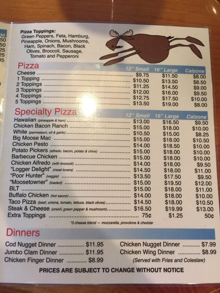 Menu at Mooseshack II pizzeria, Fort Kent