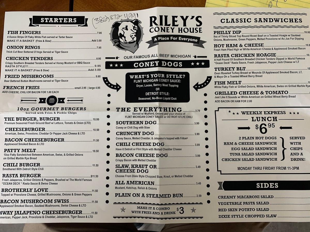 Menu at Riley's Coney House restaurant, Port Orange