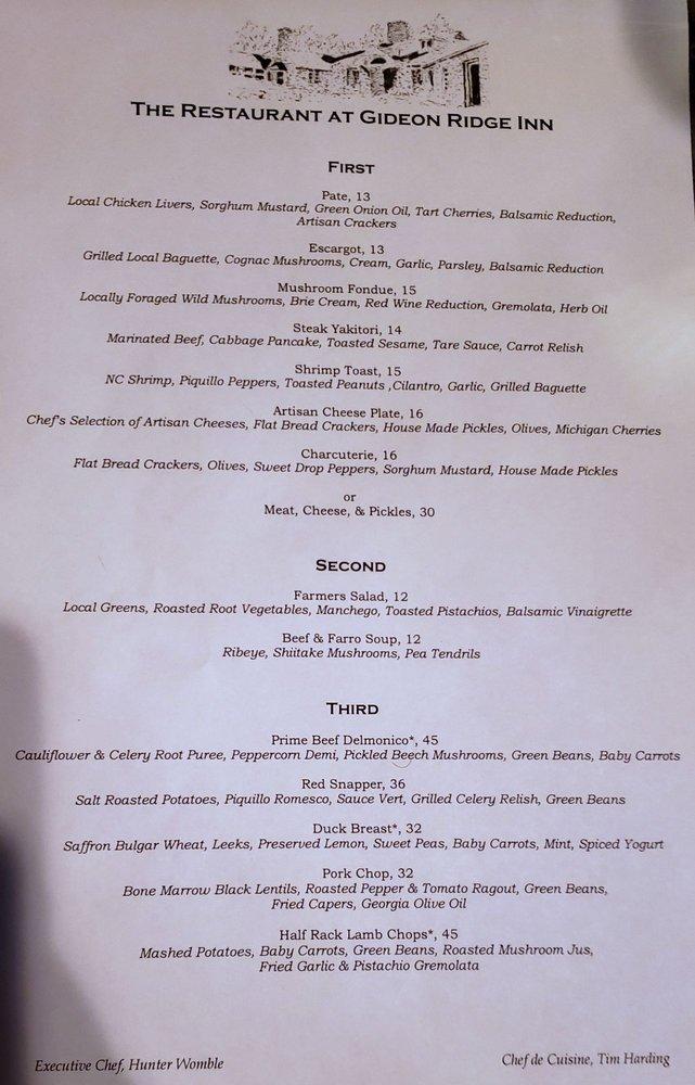 Menu at Gideon Ridge Inn restaurant, Blowing Rock