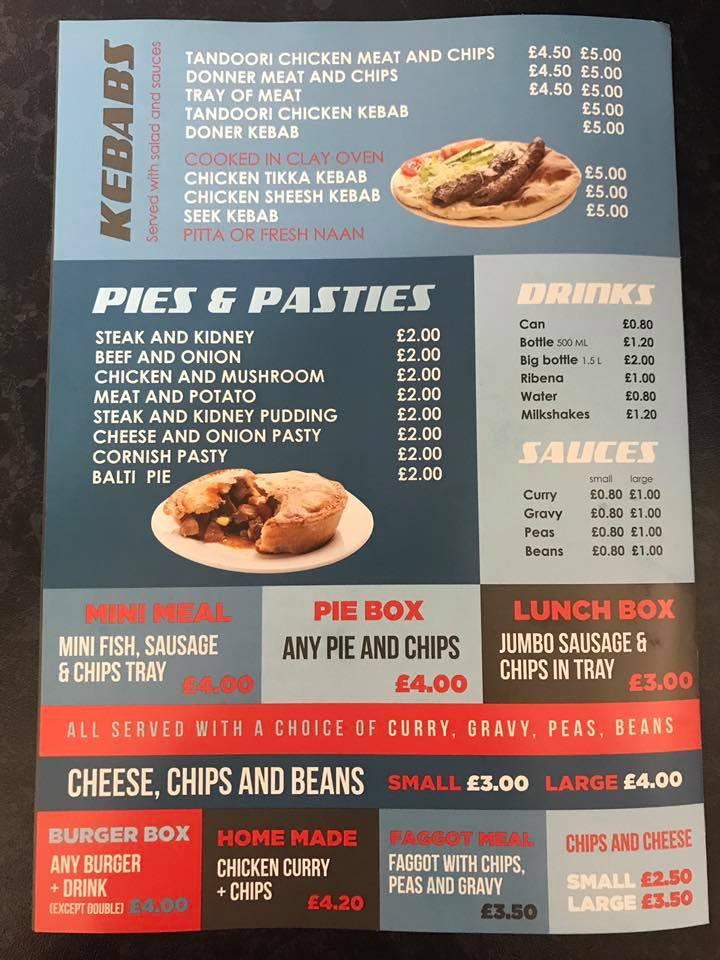 Menu at Rocester Chippy restaurant, Uttoxeter