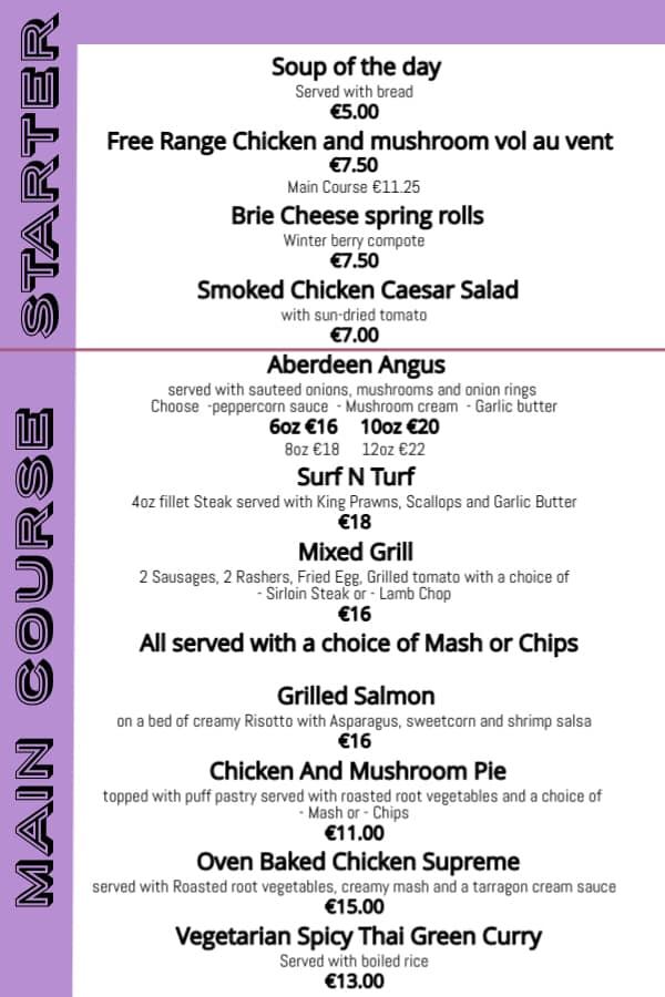 Menu at The Rising Sun restaurant, Mullinavat, Main Street