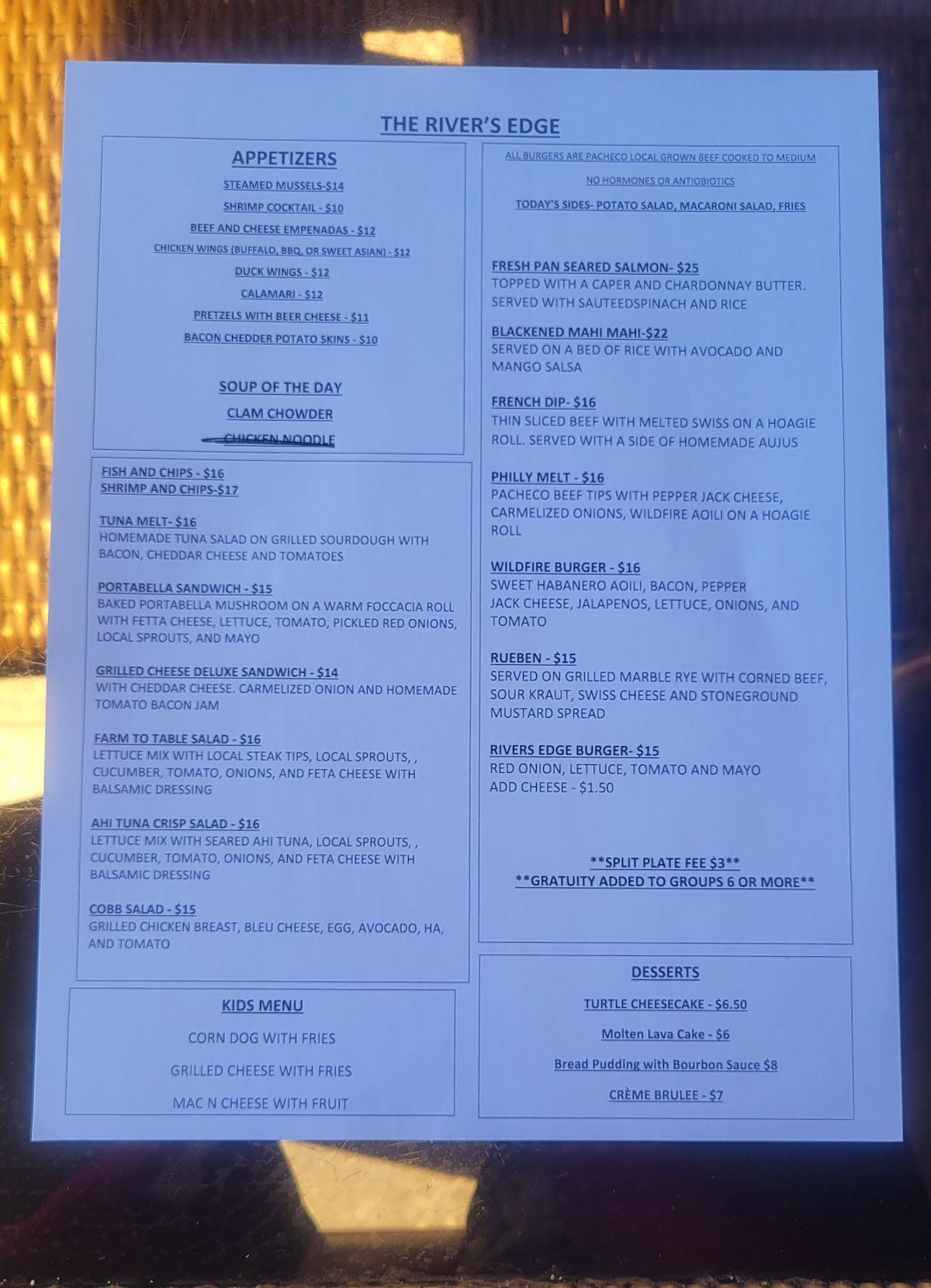 Menu at The River's Edge restaurant, Knights Ferry, Sonora Rd