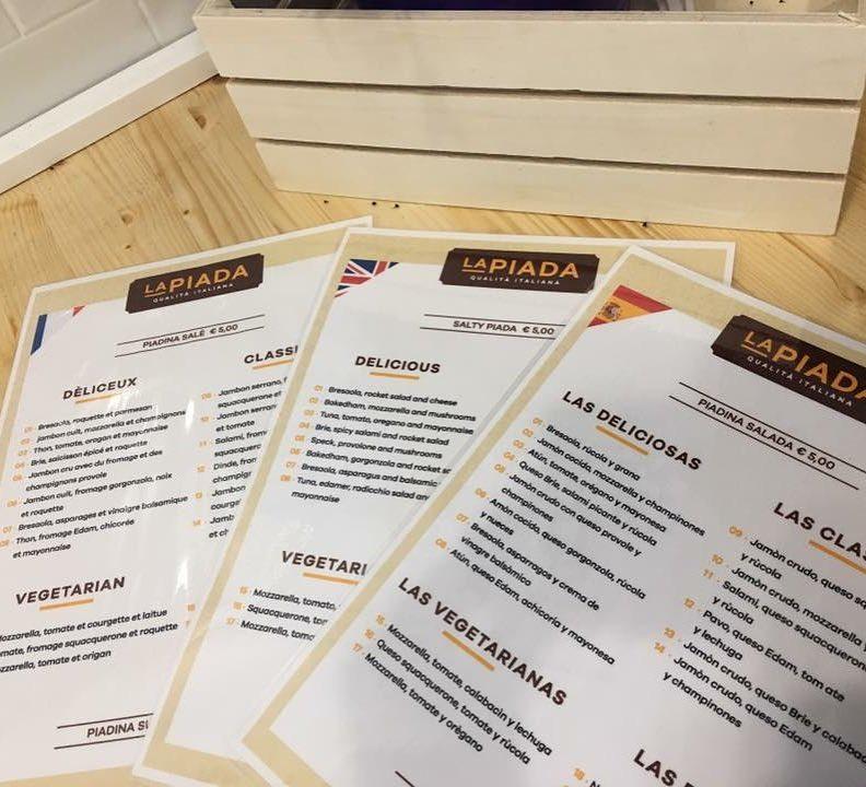 Menu at La Piada Roma restaurant, Rome