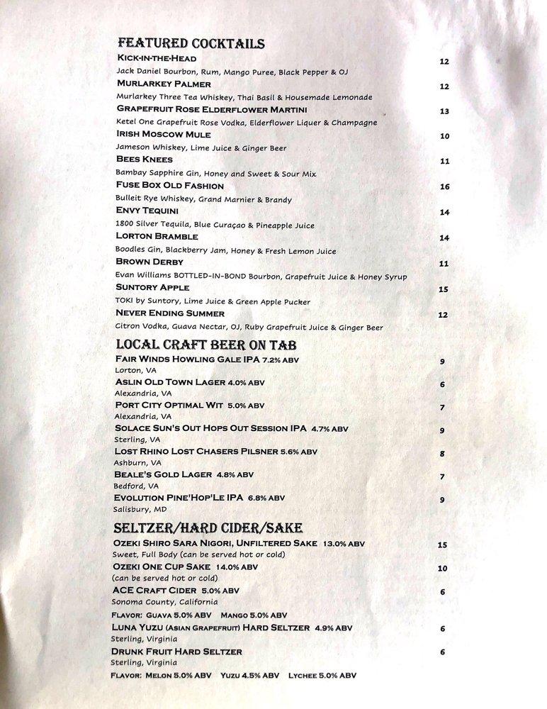 Menu at Fuse Box restaurant, Lorton