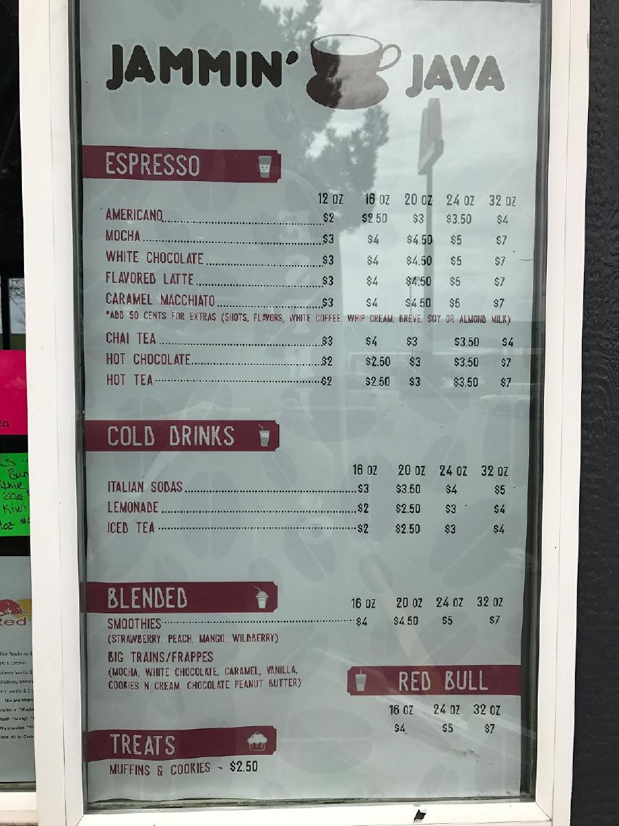 Menu at Jammin Java cafe, Prosser