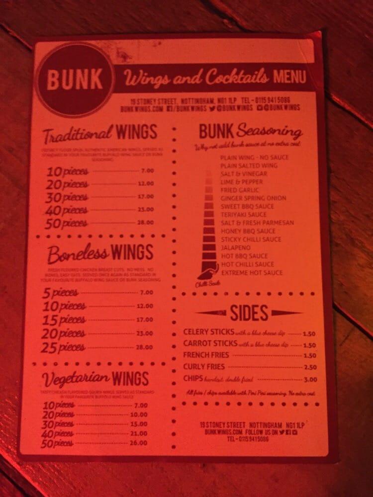 Menu at Bunk pub & bar, Nottingham, 19 Stoney St