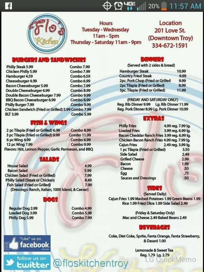 Menu at Flo's Kitchen restaurant, Troy