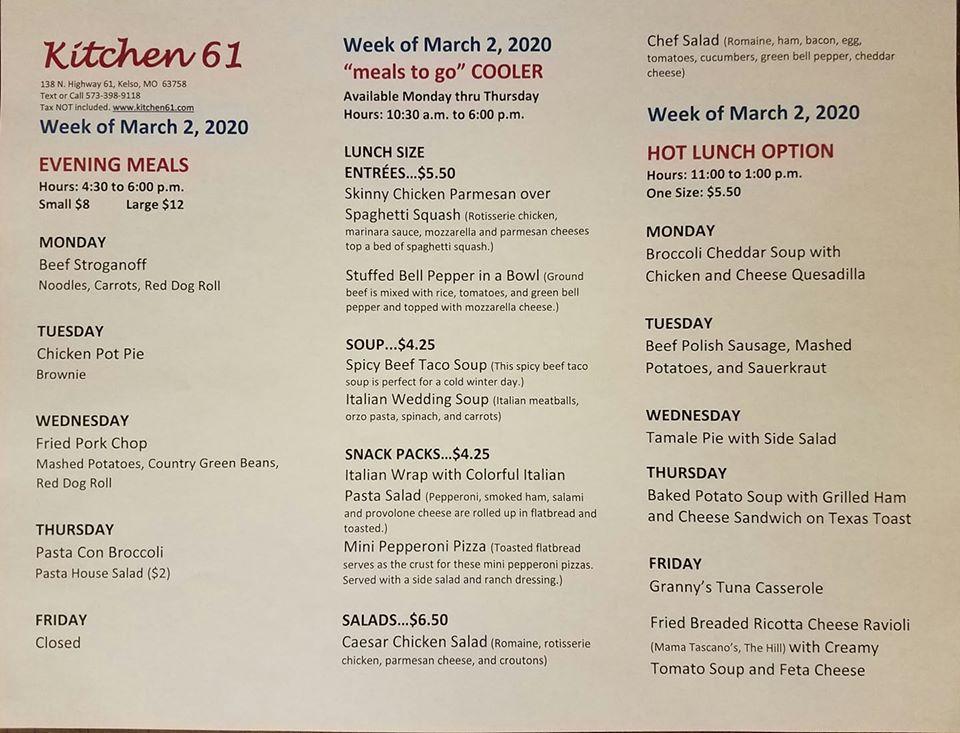 Menu at Kitchen 61 restaurant, Kelso, 138 US61