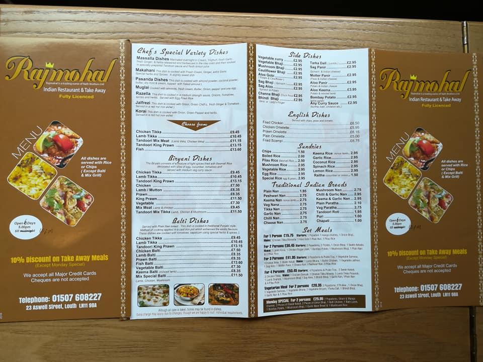 Menu at Raj Mohal restaurant, Louth