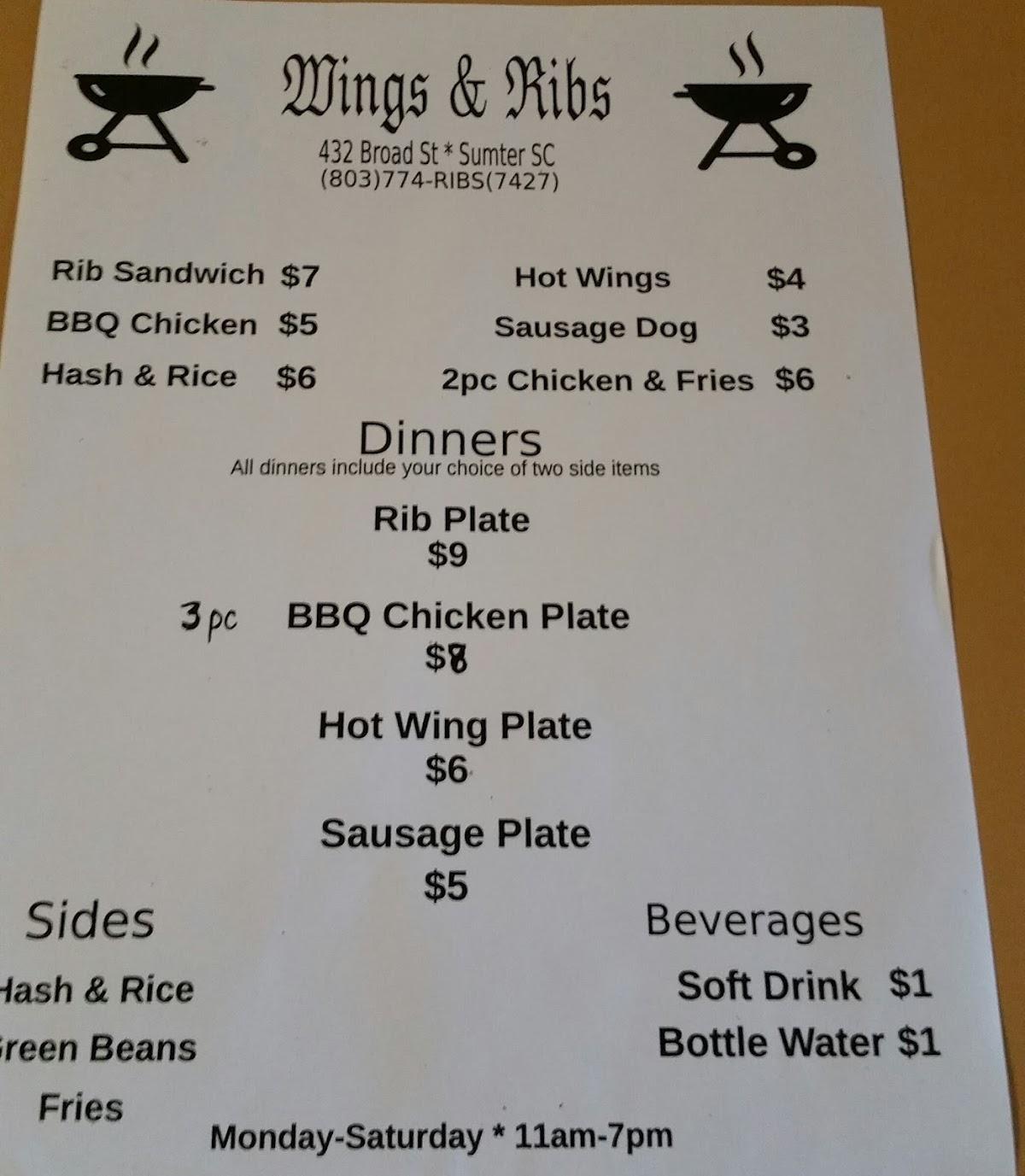 Menu at K J's Wings & Ribs restaurant, Sumter