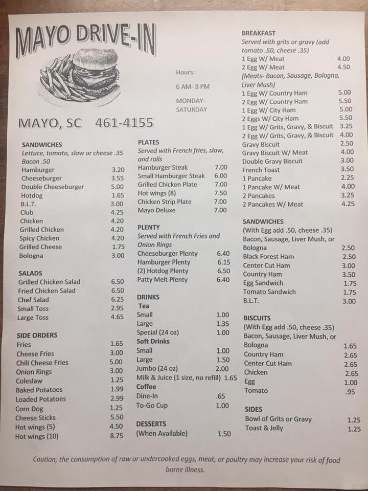 Menu at Mayo Drive In fast food, Mayo